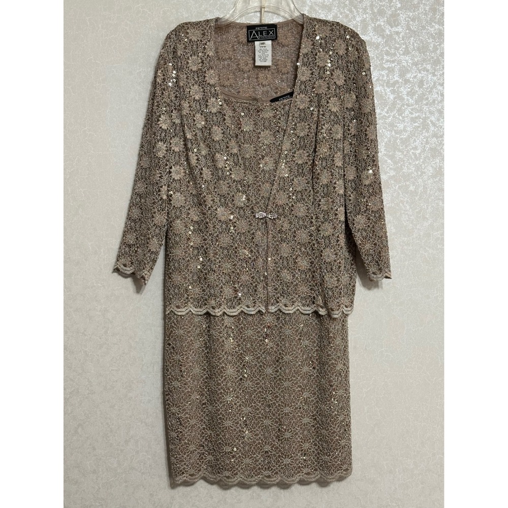 Alex Evenings Sequin Floral Lace Dress & Jacket Set Rhinestone Clasp Taupe 14P